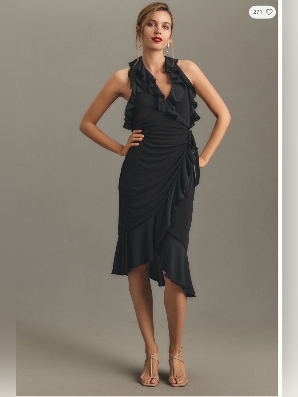 Anthropologie Ruffled V-Neck Black Wrap Midi Dress XS NWT